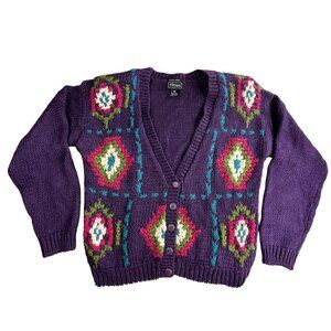 Vintage JF Adams Sweater Womens Small Hand Knit Aztec Cardigan Ramie Acrylic Boh